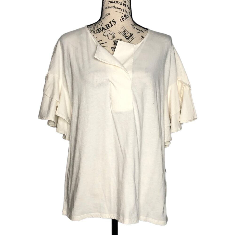 Worthington (M) Ruffle Short Bell Sleeve Split V Neck Blouse Tee Top Placket